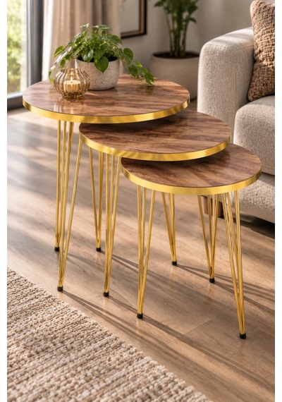 Sulorahome Gold Ceviz Desenli Zigon Sehpa Seti Ceviz - Altın