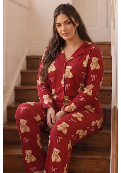 Siyah İnci Desenli Termal Kumaşlı Ultra Soft Yumuşak Büyük Beden Battal Boy Düğmeli Örme Pijama Takımı 26226521 Kırmızı Siyah İnci Desenli Termal Kumaşlı Ultra Soft Yumuşak Büyük Beden Battal Boy Düğmeli Örme Pijama Takımı 26226521 Kırmızı