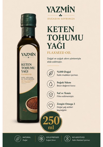 Yazmin Keten Tohumu Yağı 250 Ml Cam Şişe Soğuk Sıkım %100 Saf Doğal Keten Yağı