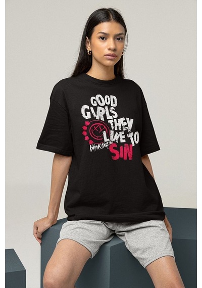Good Girls They Like To Sın Blink-182 Baskılı Unisex Oversize Tiş Siyah