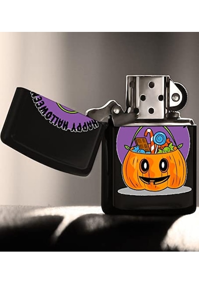 Halloween Trick Or Treat Tasarımlı Renkli Baskılı Siyah Benzinli Metal Çakmak Genel