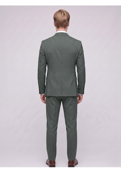 Tk6890 Erkek Çizgili Takım Elbise Slim Fit Modern Kesim Şık Klasik Ceket Pantolon Takım Haki