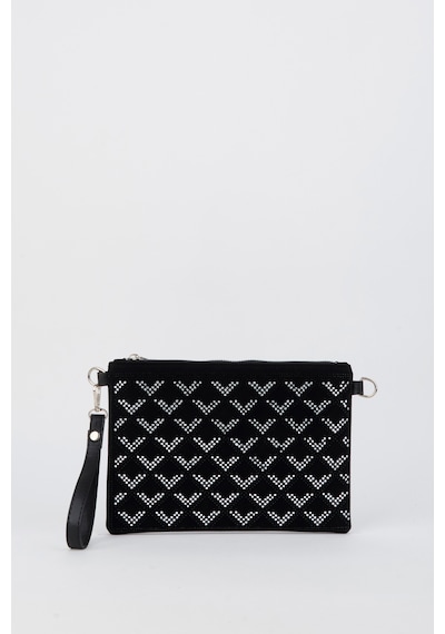 Vivaq Kadın Sıralı V Gümüş Taşlı Süet Bilek Askılı Ve Zincir Askılı Portföy Ve Clutch Çanta SİYAH