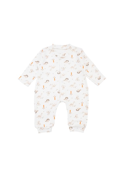 By Bebekodam Erkek Bebek Ekru Dino Baskılı Çıtçıtlı Manşetli Tulum