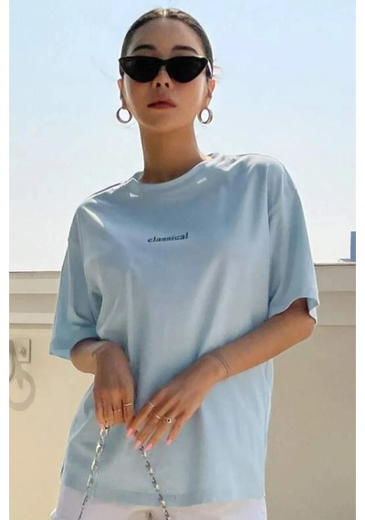 Uyguntarz Unisex Classical Baskılı Oversize Tshirt Bebe Mavisi
