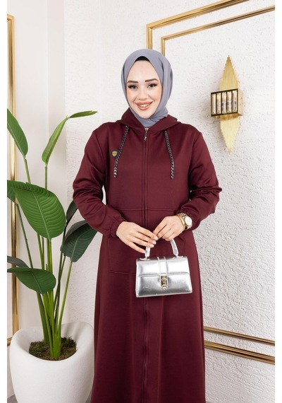 Harman Butik Kadın Cepli Kapüşonlu Zincir Detaylı Scuba Kumaş Kap Bordo Bordo