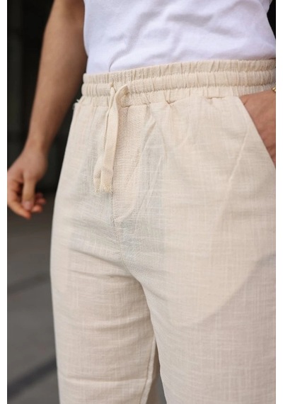 Defymoda Erkek İthal Yıkamalı Keten Pantolon Bej