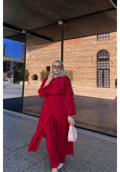 Riella Butik Nehir Üçlü Tesettür Takım Kırmızı