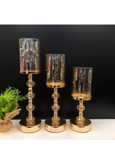 Kristal Taşlı Ayaklı Gold Şamdan Mumluk 3'lü Set -6010