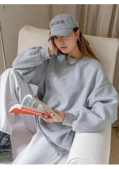Kadın Düz Bisiklet Yaka Üç İplik Pamuklu Sweatshirt - Gri Gri