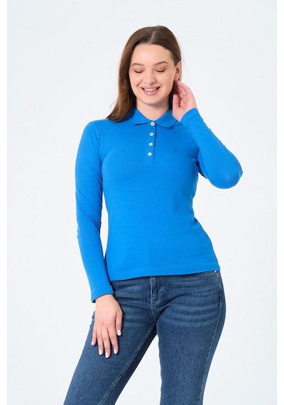 Msw Kadın Uzun Kollu Regular Fit Polo Yaka T-shirt Kobalt Mavi