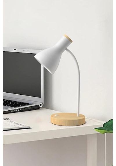 Usb Led Masa Lambası Beyaz Ahşap Tabanlı Modern Dekoratif, Şık Esnek Boyunlu Ofis Ve Çalışma Lambası Beyaz