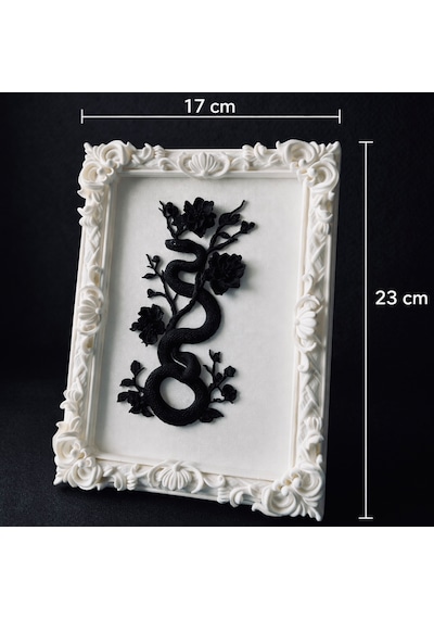 Eterna Yılan & Çiçek Rölyef Beyaz Tablo Varaklı Çerçeve 170mm X230mm