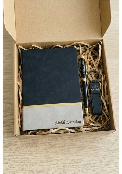 Kişiye Özel Ajanda Set Vıp Defter & Kalem & Anahtarlık Set - Siyah Siyah