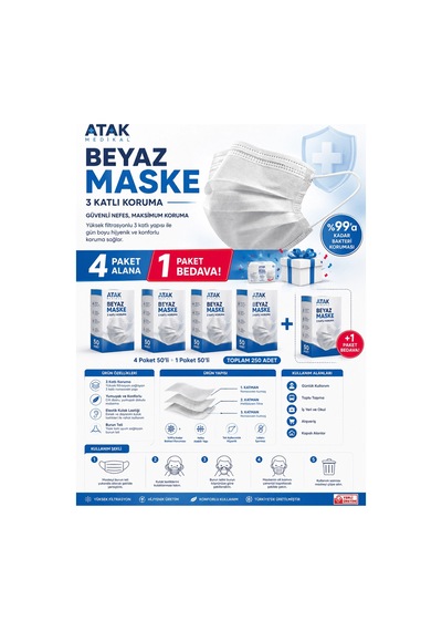 Atak Medikal Beyaz Maske 50'li 4 Paket Alana 1 Paket Bedava