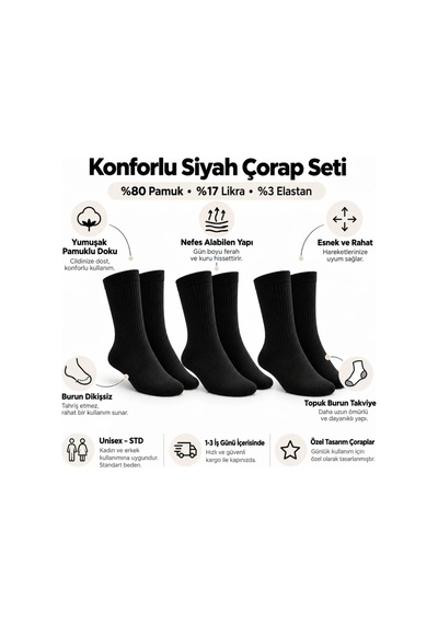 Teorastore Unisex Siyah Soket Çorap 3'lü Set Düz Basic Ribanalı Günlük Spor Esnek Rahat Uzun Çorap Konforlu Set