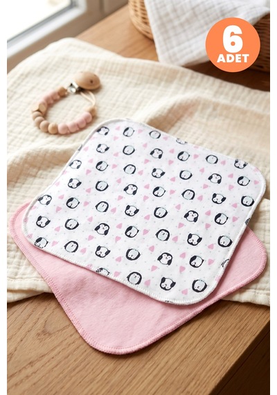 Just Inner Kız Bebek 6'lı Pamuklu Ağız Mendili Penguen Desenli Kutulu Set Nefes Alan Doku 684201 Renkli