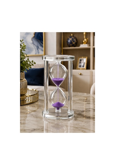 Modern Ofis Masa Üstü Biblosu Cam Kum Saati 10 Dakikalık Zamanlı Mor Kum Dekoratif Hediye 14.5x8 Cm Biblo