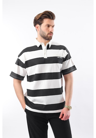 Madmext Siyah Oversize Renk Bloklu Polo Yaka Tişört E7120 Siyah