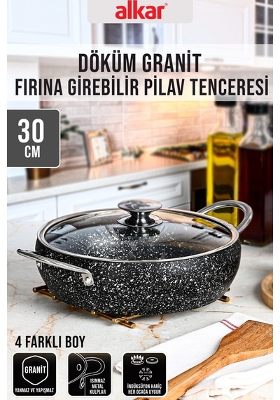 Döküm Granit Fırına Girebilir Yanmaz Yapışmaz Pilav Tenceresi 30 Cm