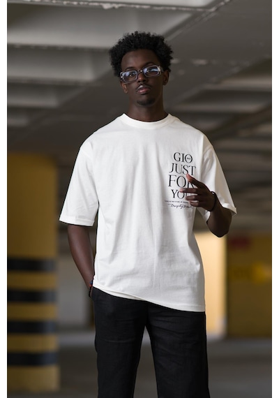 Bisiklet Yaka Lu Baskılı Oversize Geniş Model T-Shirt Beyaz