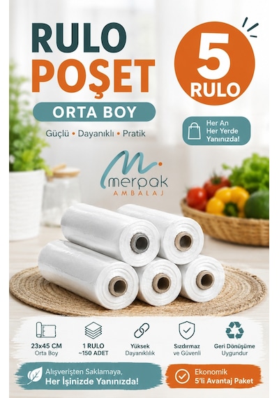 Rulo Poşet 5 Rulo Orta Boy Market Manav Poşeti Çöp Poşeti Atlet Poşet