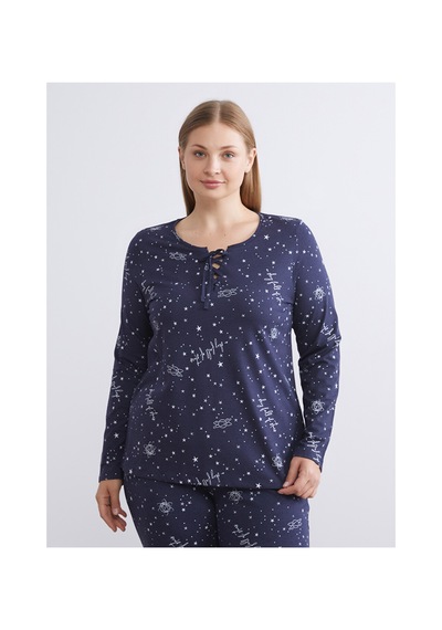 Lcw Dream Lacivert Bağlamalı Yaka Baskılı Kadın Pijama Takımı