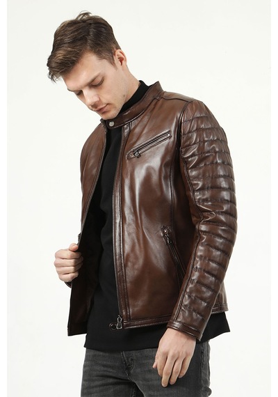 Dericlub Brg Erkek Hakim Yaka Slimfit Hakiki Deri Mont Camel Antik Camel