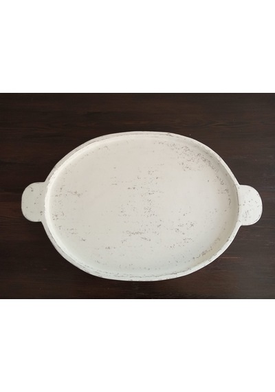 Orion Serisi Büyük Boy Kulplu Eskitme Beyaz El Yapımı Kırılmaz Sunum Tepsisi 33x53 Cm