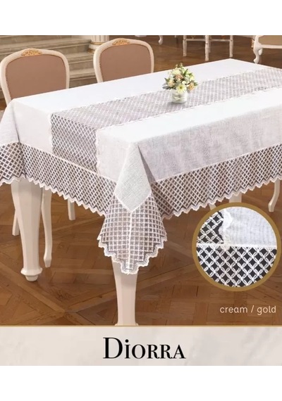 Keten Kendinden Runnerli Masa Örtüsü 160x260 Cm Yemek Masası Örtüsü Diorra Model Krem-gold