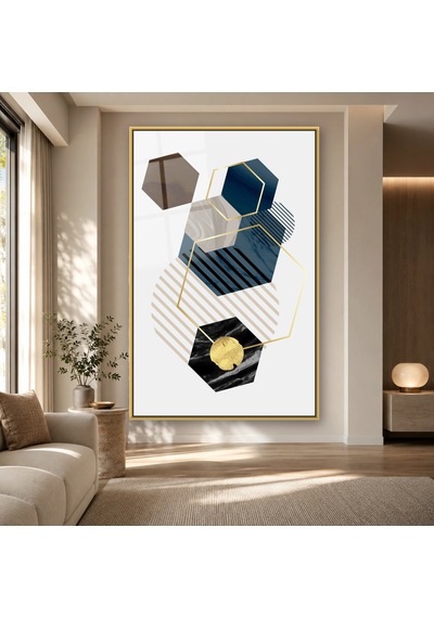 Lacivert Gri Mermer Altıgenler Gold Çerçeveli Cam Tablo
