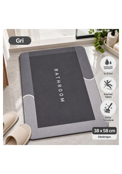 Sihirli Banyo Paspası 38x58 Cm Süper Su Emici, Kaydırmaz Ve Hızlı Kuruyan Dikdörtgen - Gri