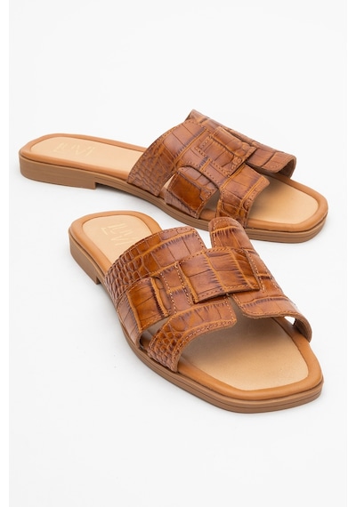 Luvishoes Luvi Shoes Notre Taba Baskı Hakiki Deri Kadın Terlik Taba