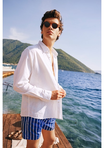 AC&Co / Altınyıldız Classics Erkek Comfort Fit Rahat Kesim Düğmeli Yaka Keten Gömlek Beyaz AC&Co / Altınyıldız Classics Erkek Comfort Fit Rahat Kesim Düğmeli Yaka Keten Gömlek Beyaz