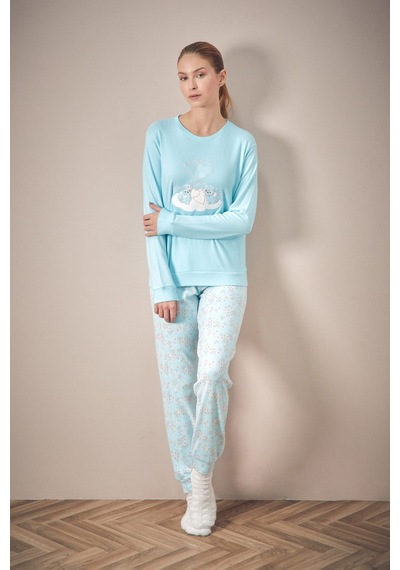 Fullamoda Ayıcık Nakışlı Bisiklet Yaka 2 Li Pijama Takımı 24mıcg631125723-mavi Mavi