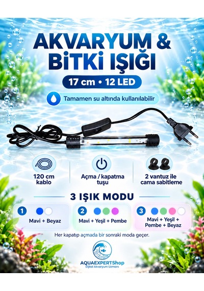 Akvaryum Işığı - Balık Işığı - Bitki Işığı - 17 Cm - 12 Led - Tamamen Su İçinde Kullanılabilir - 3 Modlu - 2w - Mükemmel Işık