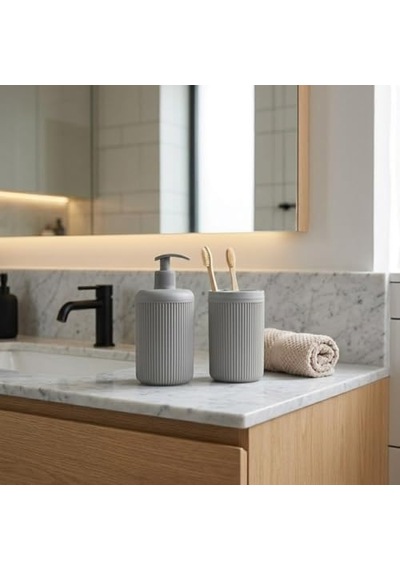 İkili Sabunluk Seti - Modern Banyo Ve Mutfak Tezgah Üstü Seti - Sıvı Sabunluk Ve Losyon Şişesi - Paslanmaz Pompalı 2'li Set-antrasit Renk 000 Açık Krem