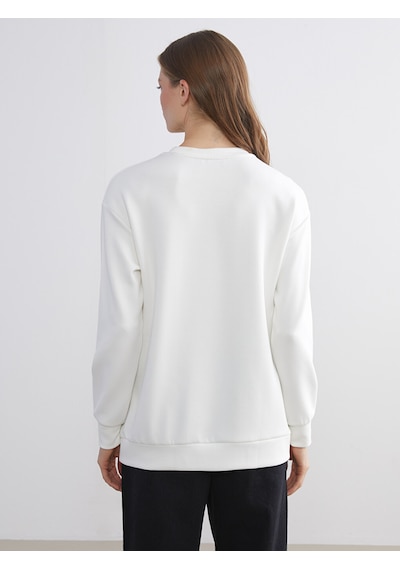 Lcw Comfort Beyaz Bisiklet Yaka Taşlı Kadın Sweatshirt