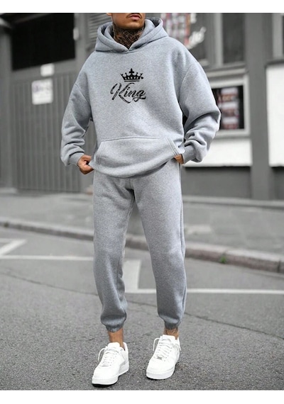 King Taç Eşofman Takımı Sweatshirt Jogger - Gri Baskılı Oversize Şardonlu Kapüşonlu Gri