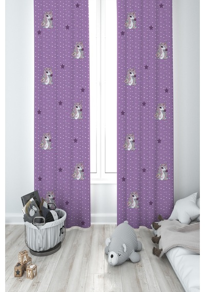 Mekta Home Bebek Ve Çocuk Odası Mor Unicorn Desenli 2 Kanat Fon Perde