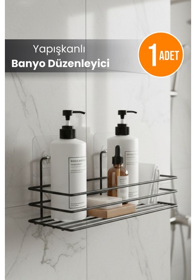 Yapışkanlı Paslanmaz Siyah Banyo Düzenleyici Organizer - Şampuanlık Siyah