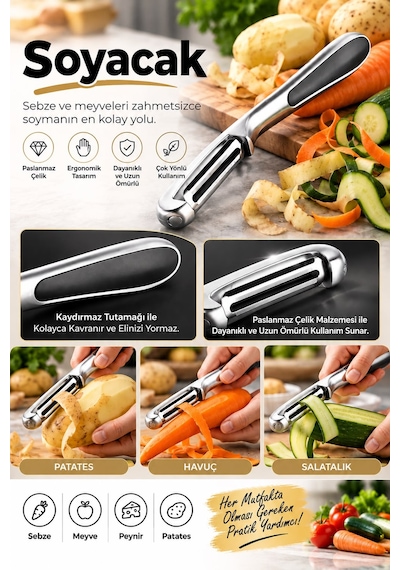 Sebze & Meyve Soyacağı Paslanmaz Çelik Ergonomik Kaydırmaz Saplı Profesyonel Soyacak Gümüş