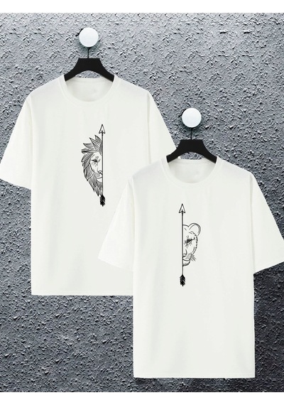 Unisex Kadın Erkek Aslan Baskılı Sevgili Çift Kombini Tasarım Oversize T-shirt 2'li Beyaz Mck2403 Beyaz