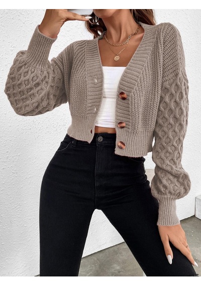 Aqe Fashion V Yaka Örgü Desenli Triko Crop Vizon Hırka VIZON