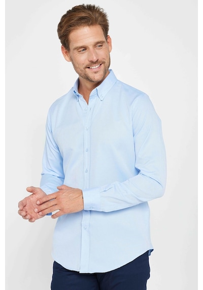 Tudors Slim Fit Uzun Kollu Dar Kesim Düğmeli Yaka Pamuklu Düz Oxford Mavi Erkek Gömlek-31026-mavi Mavi