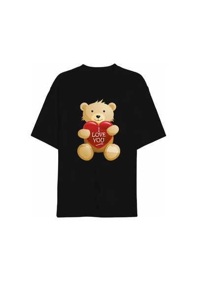 Hazego 14 Şubat Sevgililer Günü I Love You Ayı Baskılı Oversize Bisiklet Yaka T-shirt - Siyah