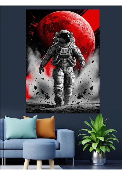 Kırmızı Ay Ve Astronot Dekoratif Kanvas - Mdf Ahşap Tablo