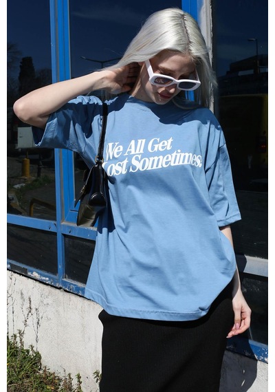 Madmext Mavi Baskılı Oversize Tişört Mg1532-mavi Mavi
