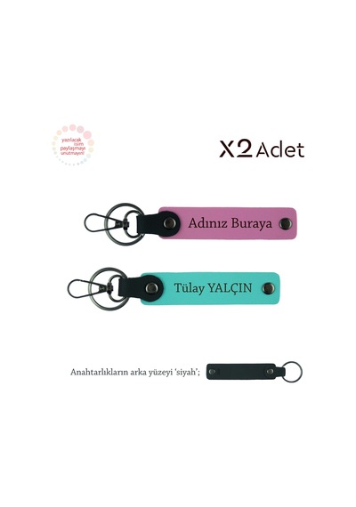 Yeni Evlilere Manevi Hediye, İsim & Soyisim Yazılı 2 Li Anahtarlık Seti, Pembe-turkuaz-siyah Çok Renkli