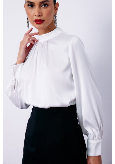 Sateen Yaka Detaylı Saten Bluz - Ekru